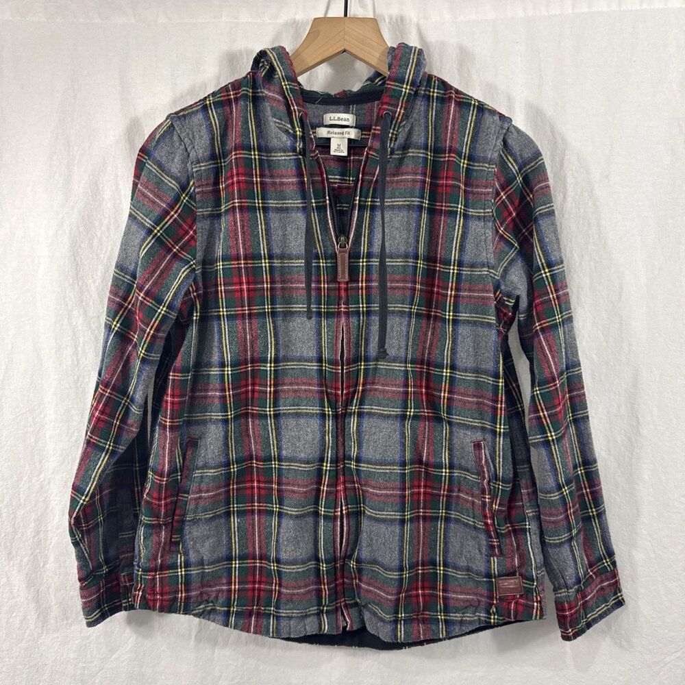 L L Bean Scotch Plaid Flannel Relaxed Fit Zip Hoodie Womens Sz M Cotton Outdoor